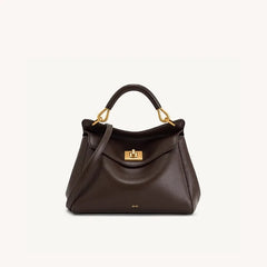 Dark brown smooth leather top handle bag with gold hardware.
