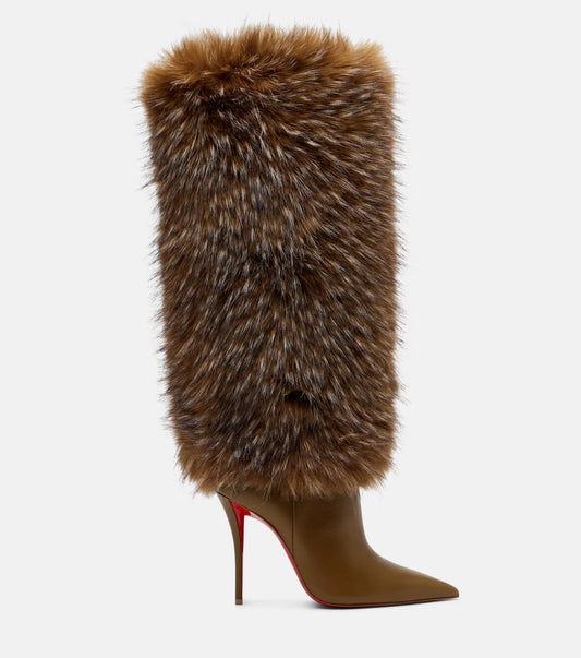 Brown fur knee high stiletto boot