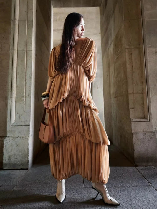 Draped ruched v-neck maxi dress