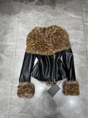 Leopard Print Faux Fur Collar Jacket