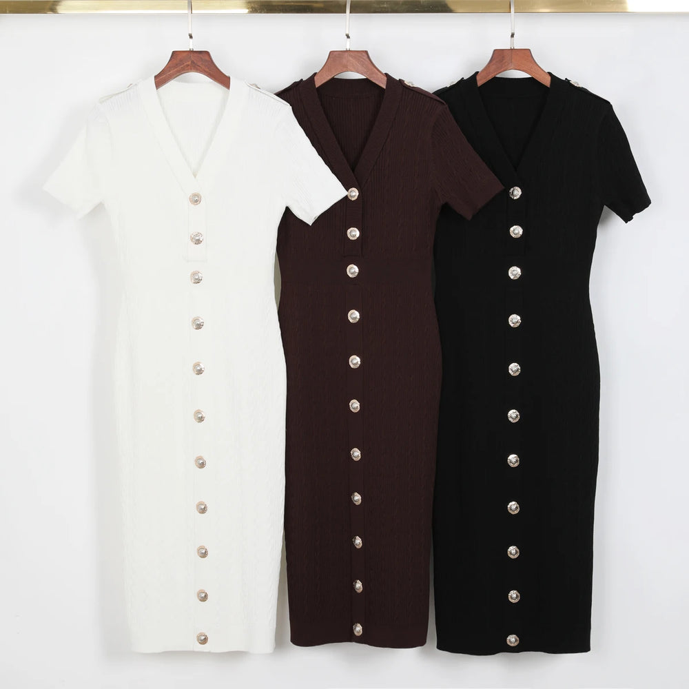 Assortment of knit midi dresses in black, brown, and white
