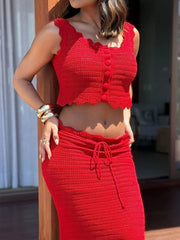 Scalloped Edge Knit Crop Top & Maxi Skirt Two-Piece Set