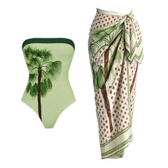 Light Green Swimwear Set with Palm Tree Print