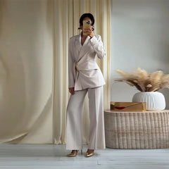Ruched Waist Gold Buckle Blazer and Wide Leg Pants Set