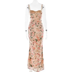 Floral Print Mesh Corset Maxi Dress