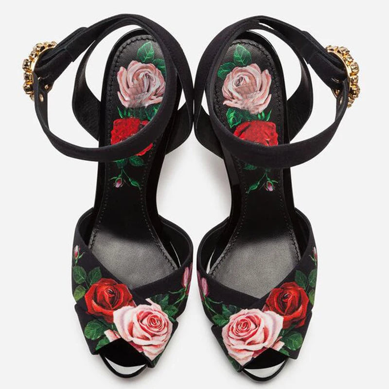 Top view of floral sculpted heel sandals