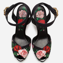 Top view of floral sculpted heel sandals
