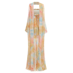 Strapless Tie Dye Print Maxi Dress With Scarf