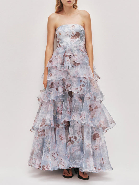 Floral print strapless ruffle maxi dress front view