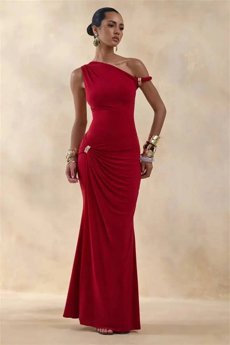 Red one shoulder ruched maxi dress with jewelry