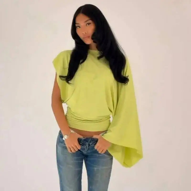 Asymmetrical drop-shoulder knit top in light green
