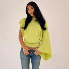 Asymmetrical drop-shoulder knit top in light green