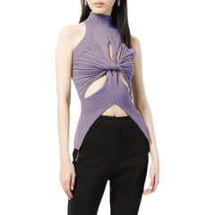 Sleeveless Knitted Solid Cross Hollow Out Top