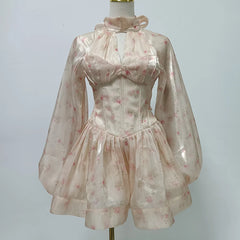 Pink Floral Puff Sleeve High Neck Scarf Mini Dress