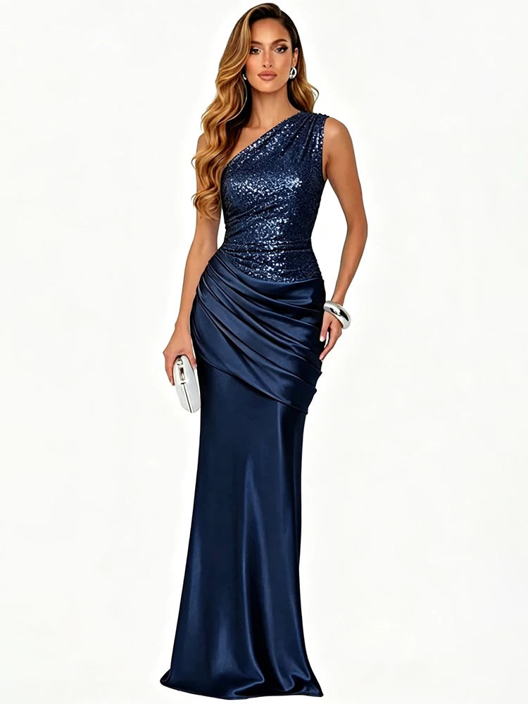 Navy one shoulder sequin dress with satin skirt