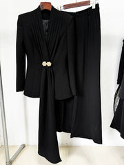 Black pleated draped blazer and wide leg pants suit on hanger