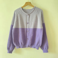 Two-Tone Knit Cardigan | Junior Purple Gray Korean Style