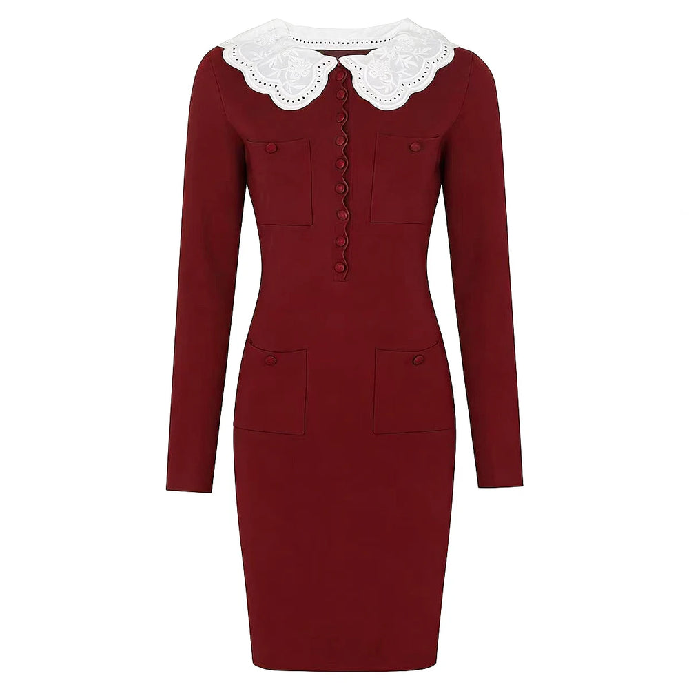 Burgundy knit pencil dress with embroidered lace collar and button details.
