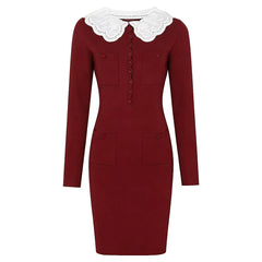 Burgundy knit pencil dress with embroidered lace collar and button details.