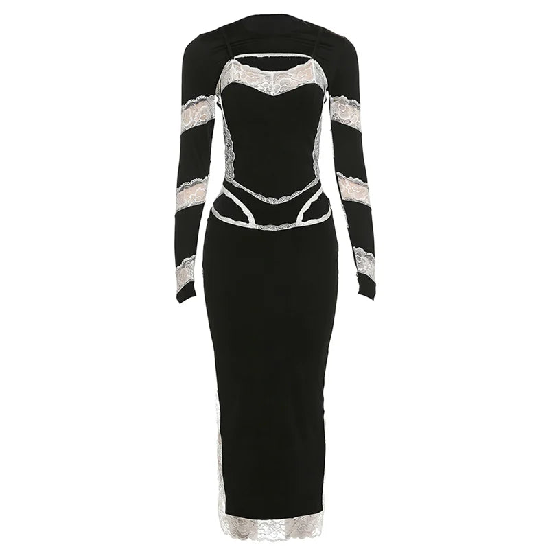 Black dress with lace details on a white background