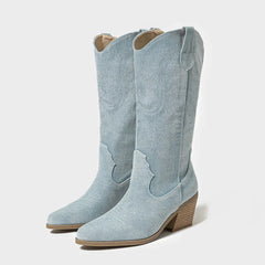 Pair of light blue cowboy boots on a white background
