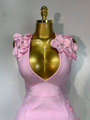3d Flower Detail V-Neck Sleeveless Bandage Mini Gown