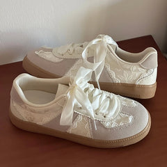 Lace Trim Ribbon Lace Up Sneakers