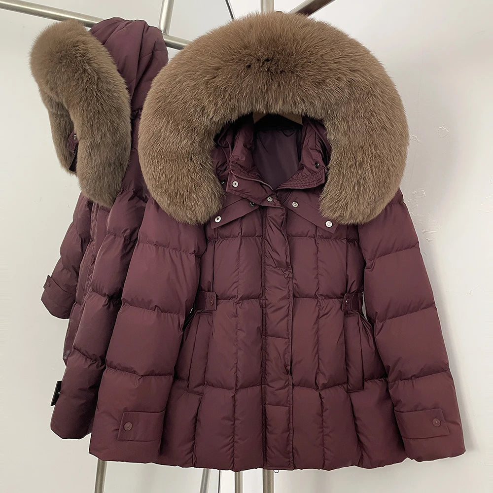 Maroon puffer jacket with fur-lined hood 