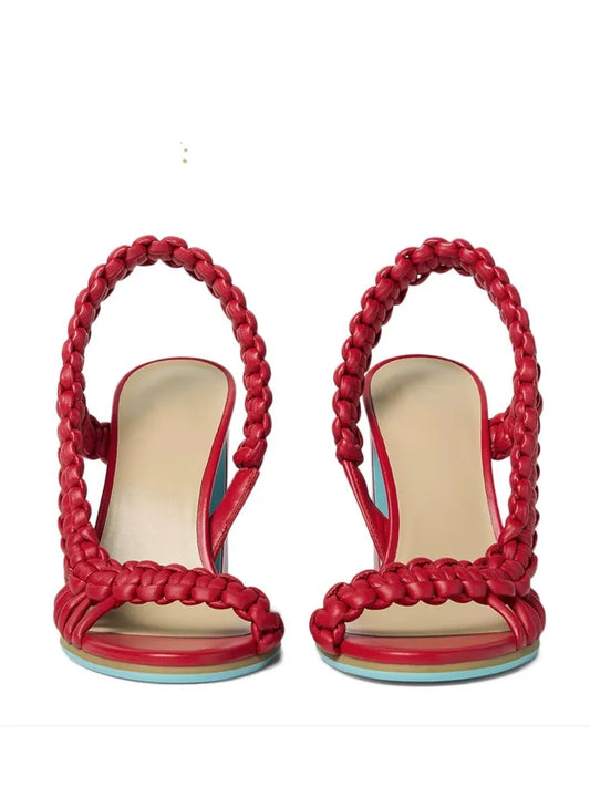 Front view of red braided strap square heel sandals