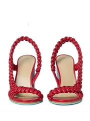 Front view of red braided strap square heel sandals