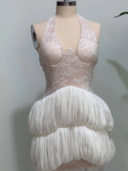 White Lace Halter Neck Tiered Maxi Dress