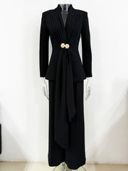 Black pleated draped blazer and wide leg pants suit on mannequin