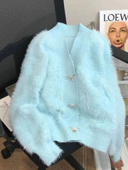  Imitation Mink Knitted Bow Cropped Soft Cardigan