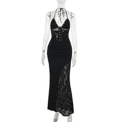 Deep V Halter Backless Maxi Party Dress in lace for women