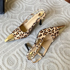 Leopard Print Pointed Toe Pumps Thin Low Heels Stripper Shoes