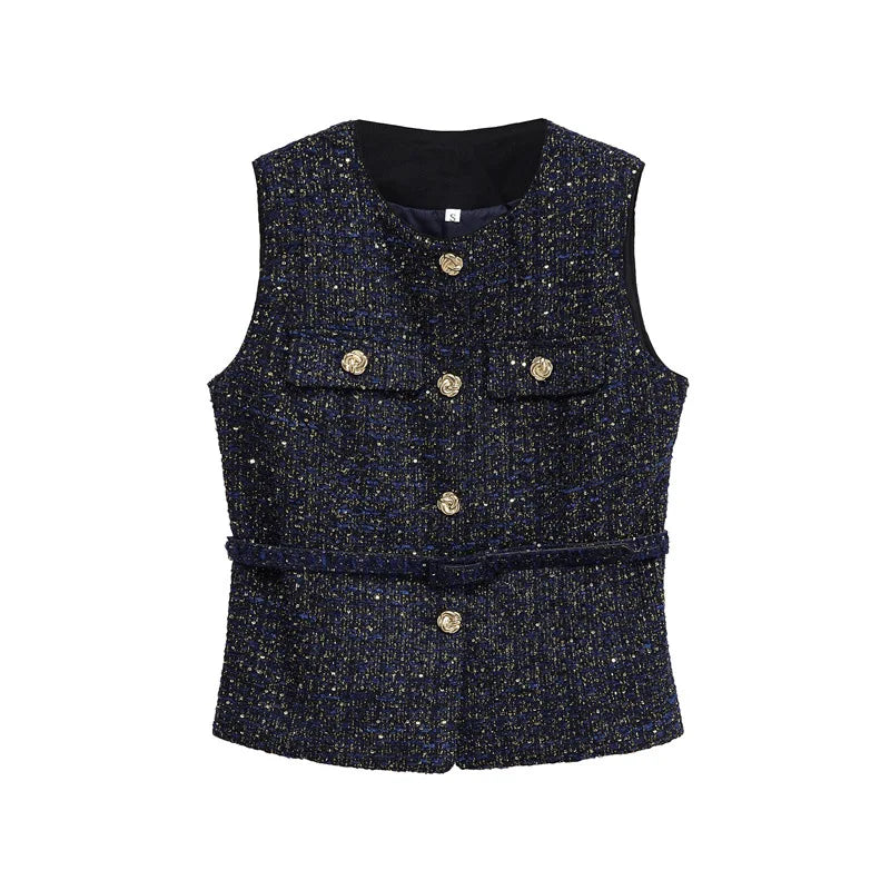 Dark blue textured vest with gold buttons on a white background