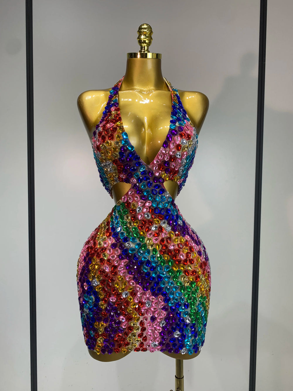 Halter neck mini dress with rainbow diamond embellishments