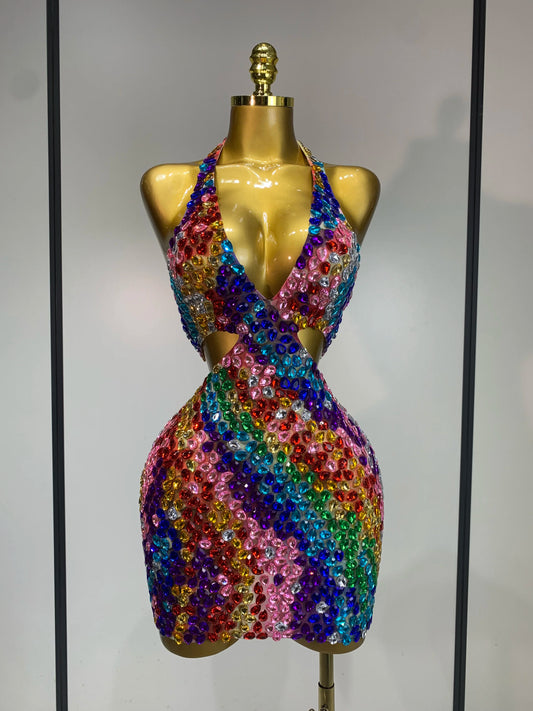 Halter backless diamond mini dress front view