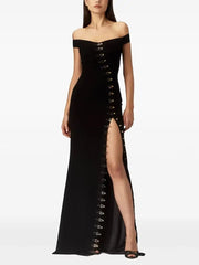 Off Shoulder Metal Buckle High Slit Maxi Dress