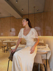 Lace Sheer Patchwork Satin Puff Sleeve Maxi Dress