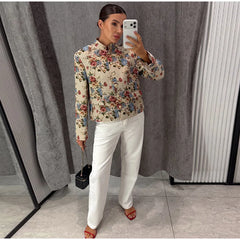 Floral Mandarin Collar Cropped Jacket