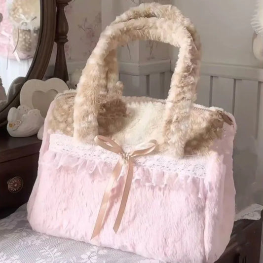Plush lace bow shoulder bag in pink with cream trim