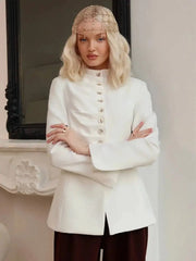 Ruched Pleated Buttoned Mandarin Collar Blazer