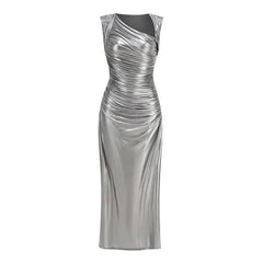 Silver one-shoulder dress on a white background