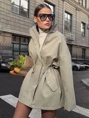 Drawstring Waist Standing Collar Trench Coat