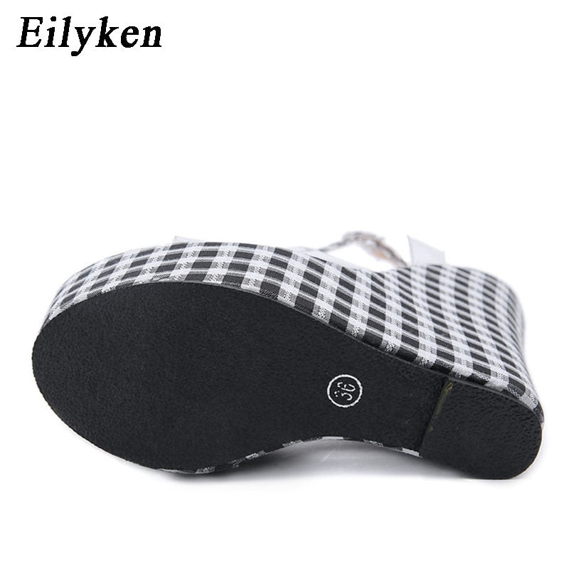 Eilyken Fashion PVC Transparent Wedge Platform Heels Sandals Ankle Buckle Strap Women Gingham Thick Bottoms Femme Shoes