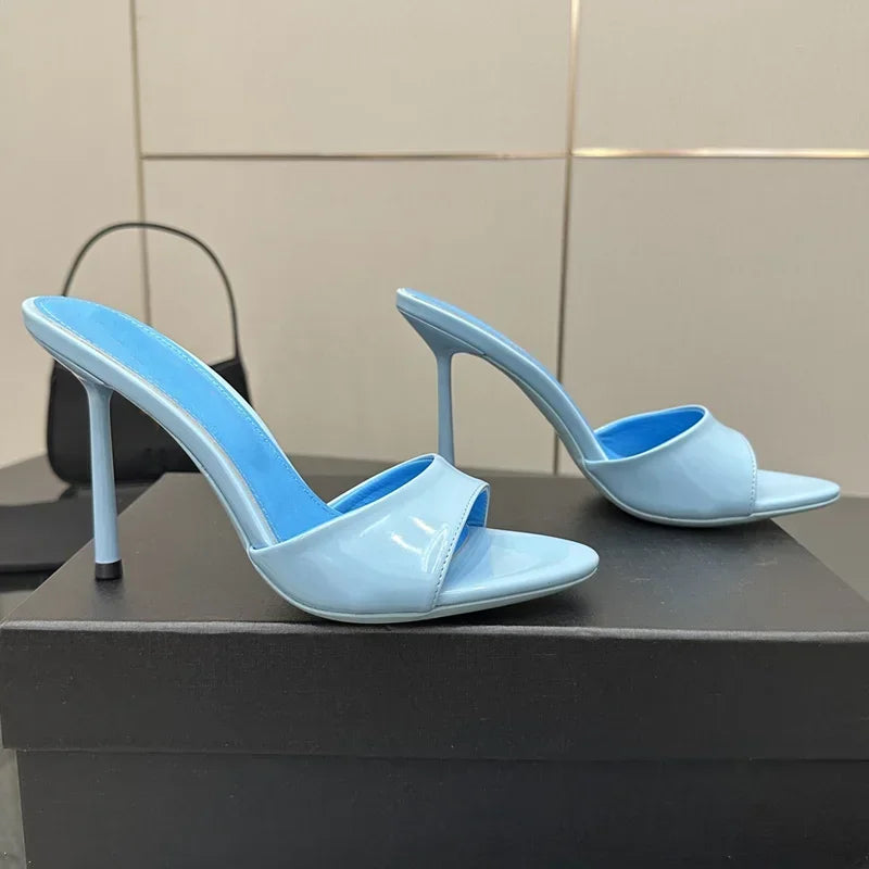 Light blue patent pointed toe stiletto heels