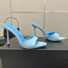 Light blue patent pointed toe stiletto heels