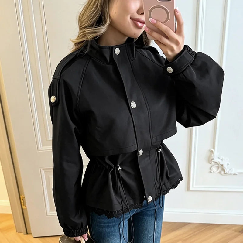 Black lace trim peplum utility jacket