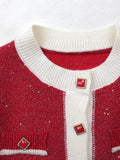 Women Knit Cardigan O Neck Button Contrast Color Sweater